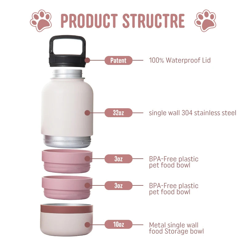 Free Sample Custom Logo 3 in 1 Portable Stainless Steel Pet Feeder Bowl Travel Dog Doggie Water Bottles Products